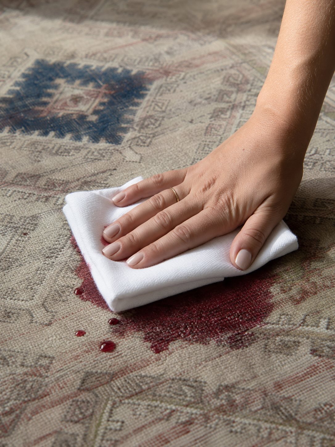Hand pressing a folded white cloth onto a fresh red wine stain on a hand-knotted vintage wool rug
