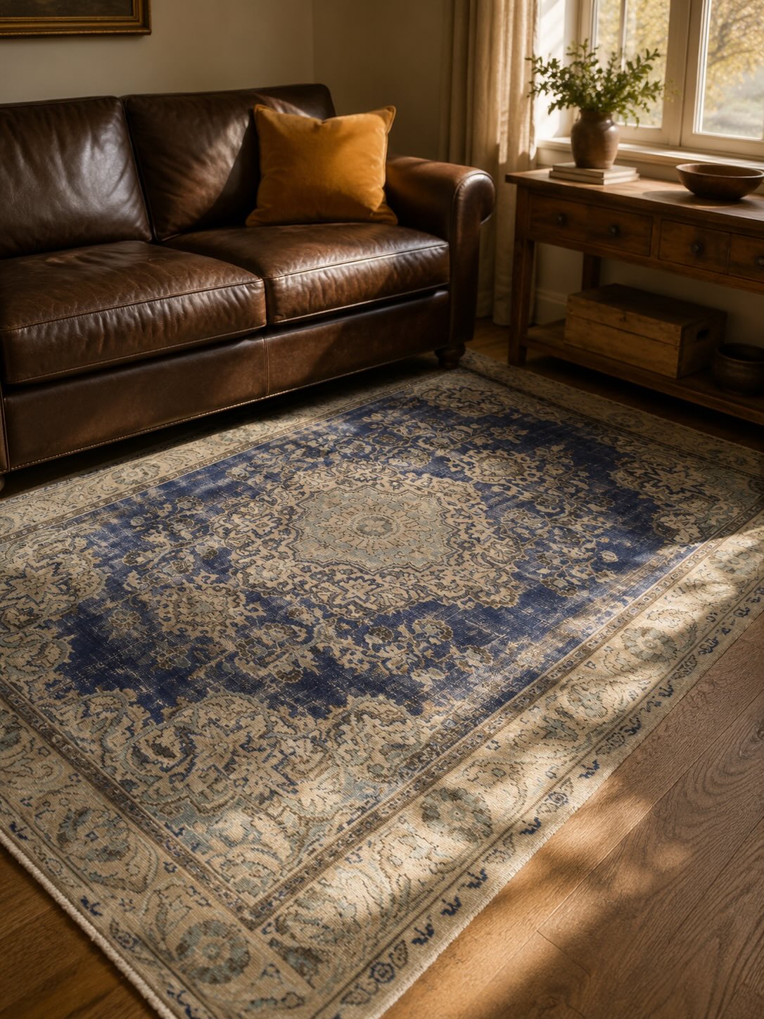 Deep navy blue medallion vintage rug beneath a brown leather sofa and wood console table, styled with a mustard yellow accent pillow