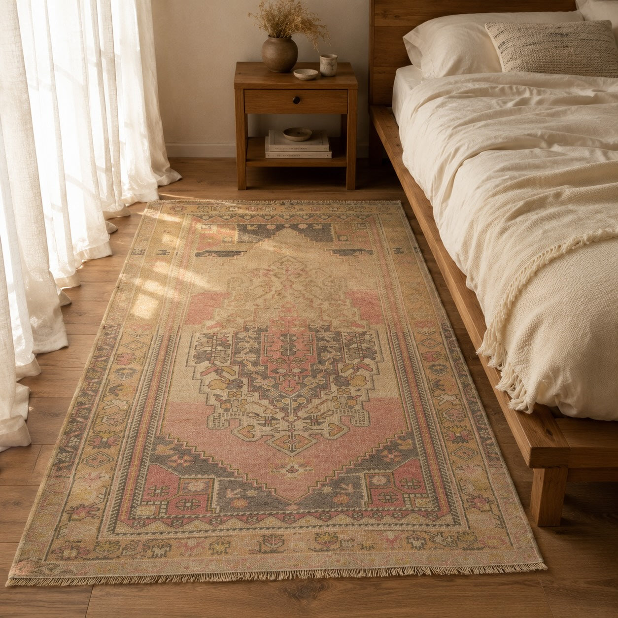Vintage pink and cream medallion rug laid beside a wood bed frame in a sunlit bedroom