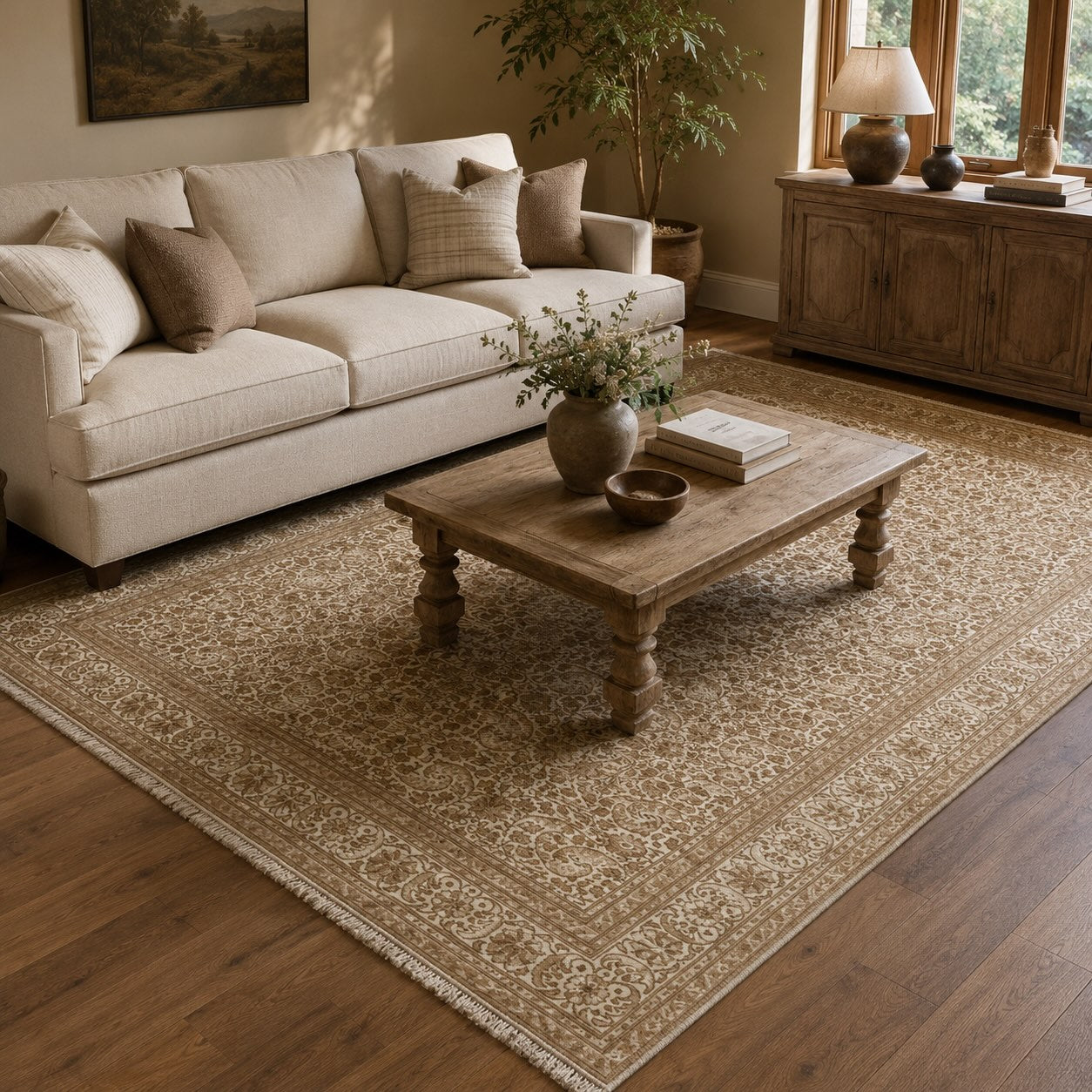 Vintage floral-pattern brown and tan rug beneath a sofa and turned-leg wood coffee table in a living room