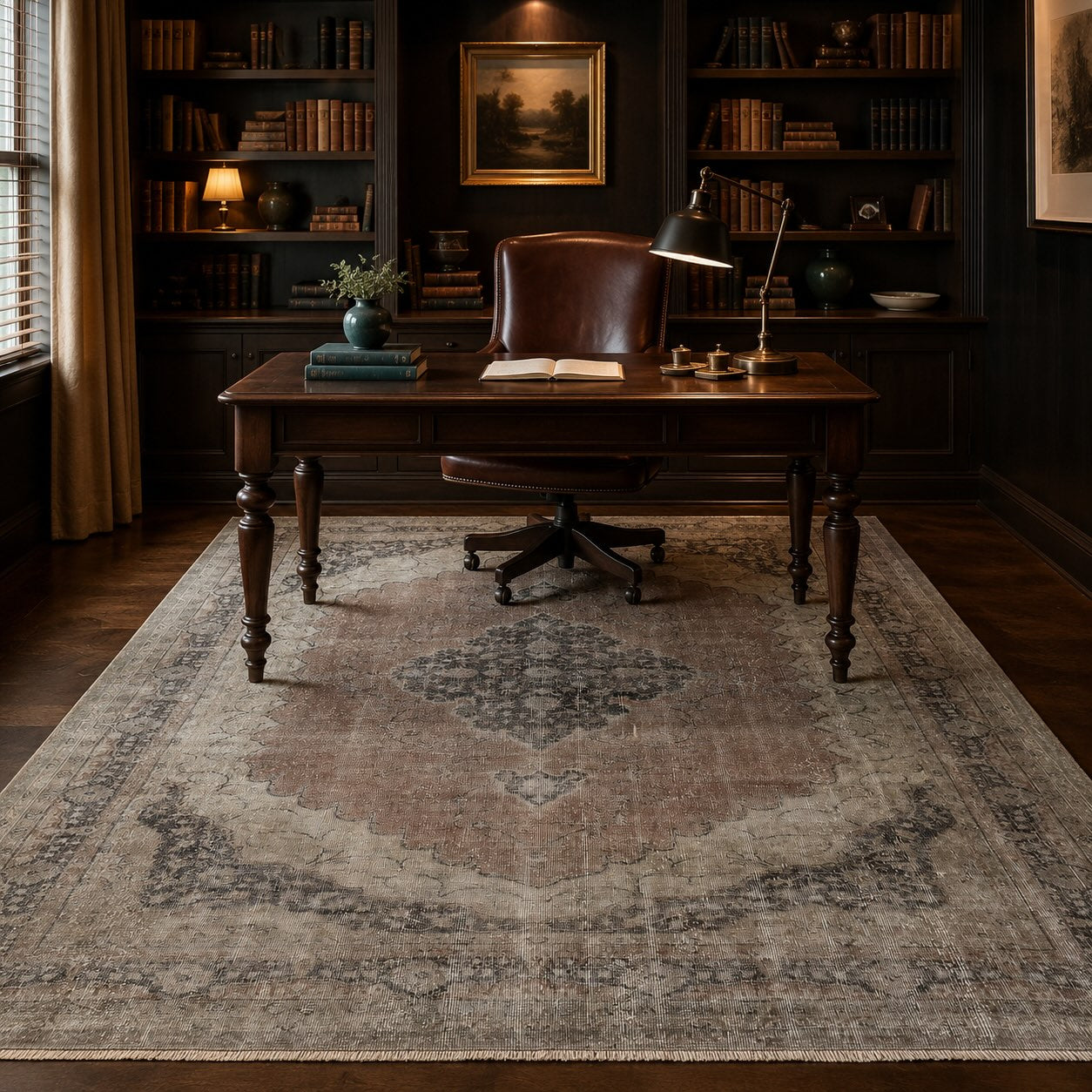 Muted medallion-pattern vintage rug beneath a wood desk and brown leather chair in a dark, library-style home office