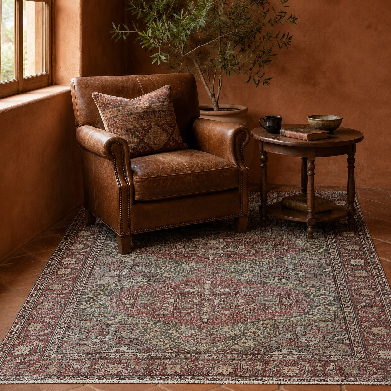 Vintage medallion-pattern rug in warm rust and gray tones beneath a leather armchair in a terracotta-walled reading nook