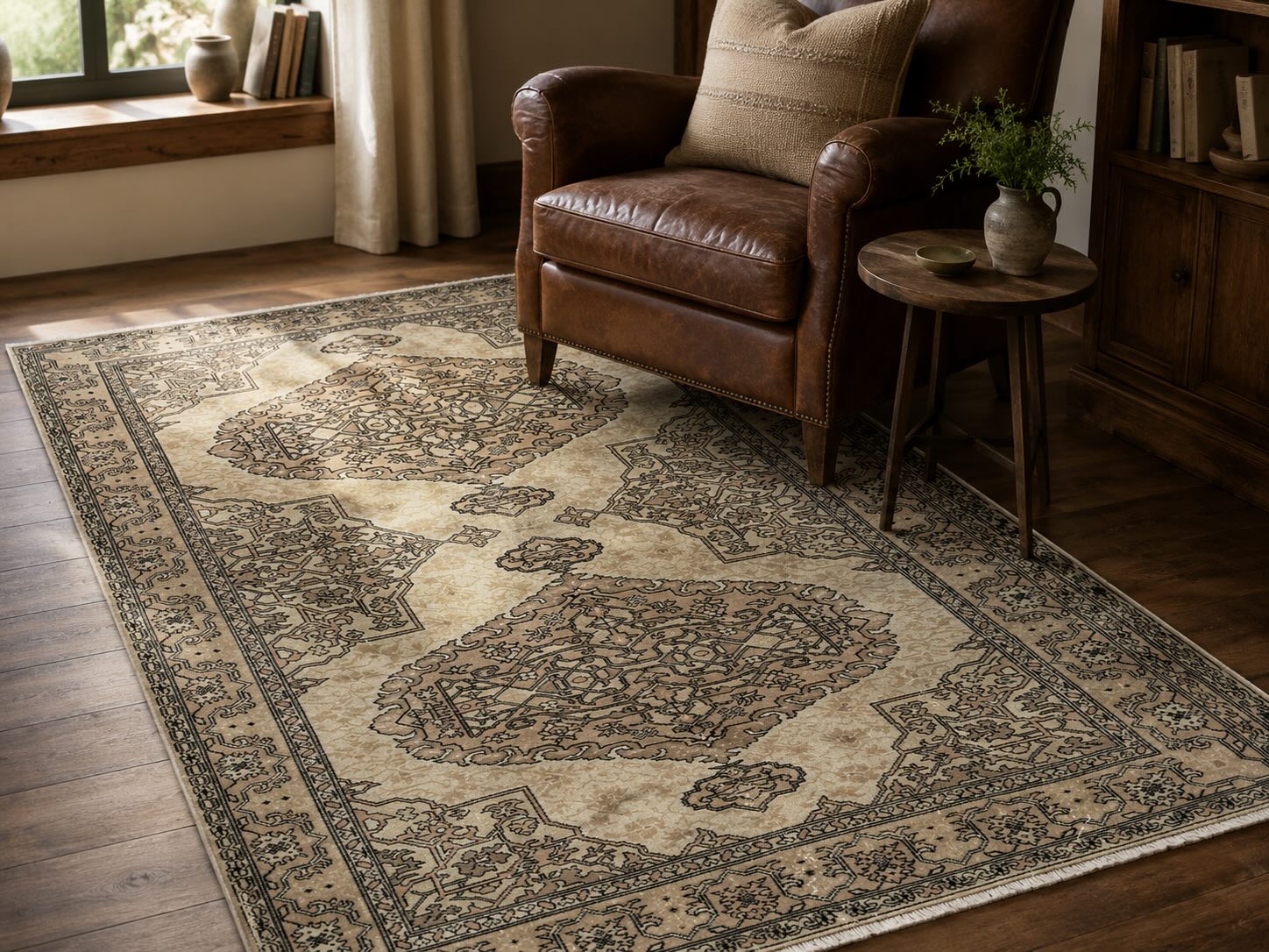 Brown and cream vintage medallion rug beneath a leather club chair and round wood side table in a reading corner