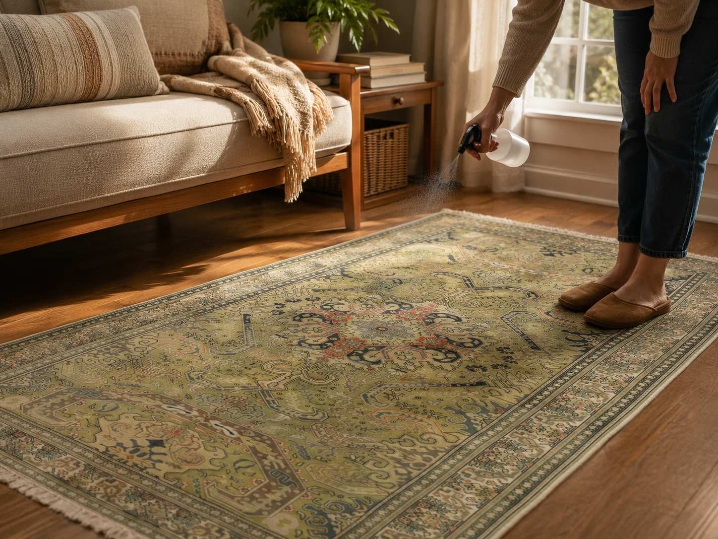 Spraying a diluted vinegar solution on a vintage Turkish rug in a bright living room as part of a regular carpet beetle prevention routine