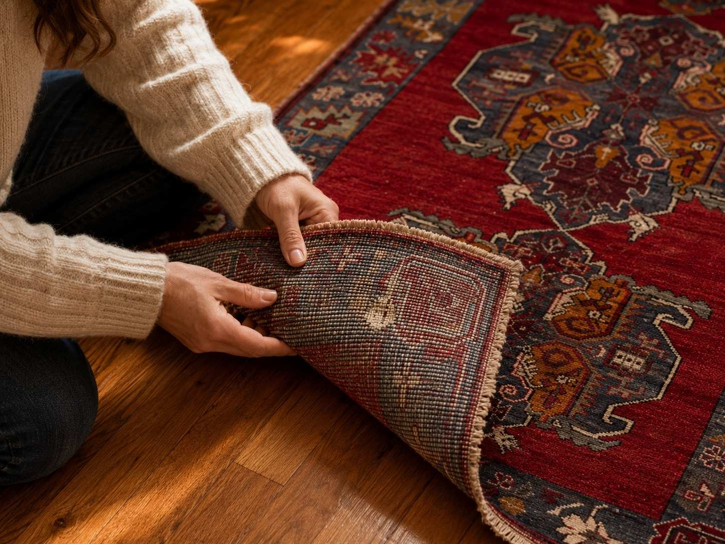 Hands folding back the corner of a vintage Turkish rug to inspect the underside for carpet beetle damage