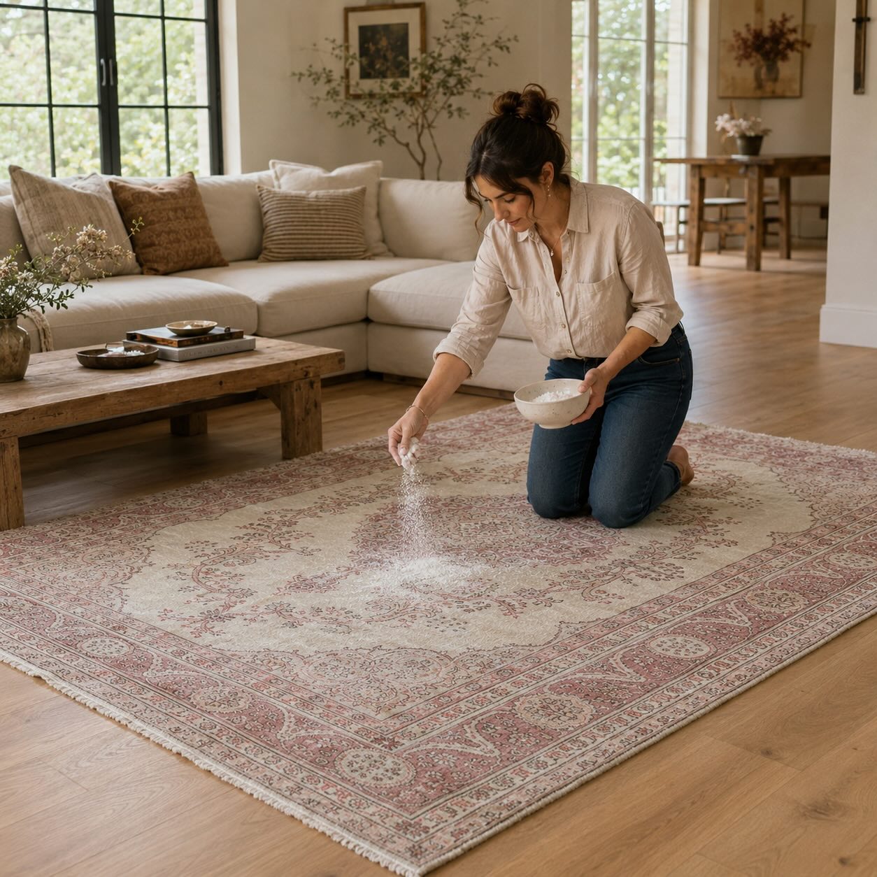 Woman kneeling on a vintage Turkish medallion rug in a bright living room, carefully sprinkling white powder from a ceramic bowl onto the rug surface