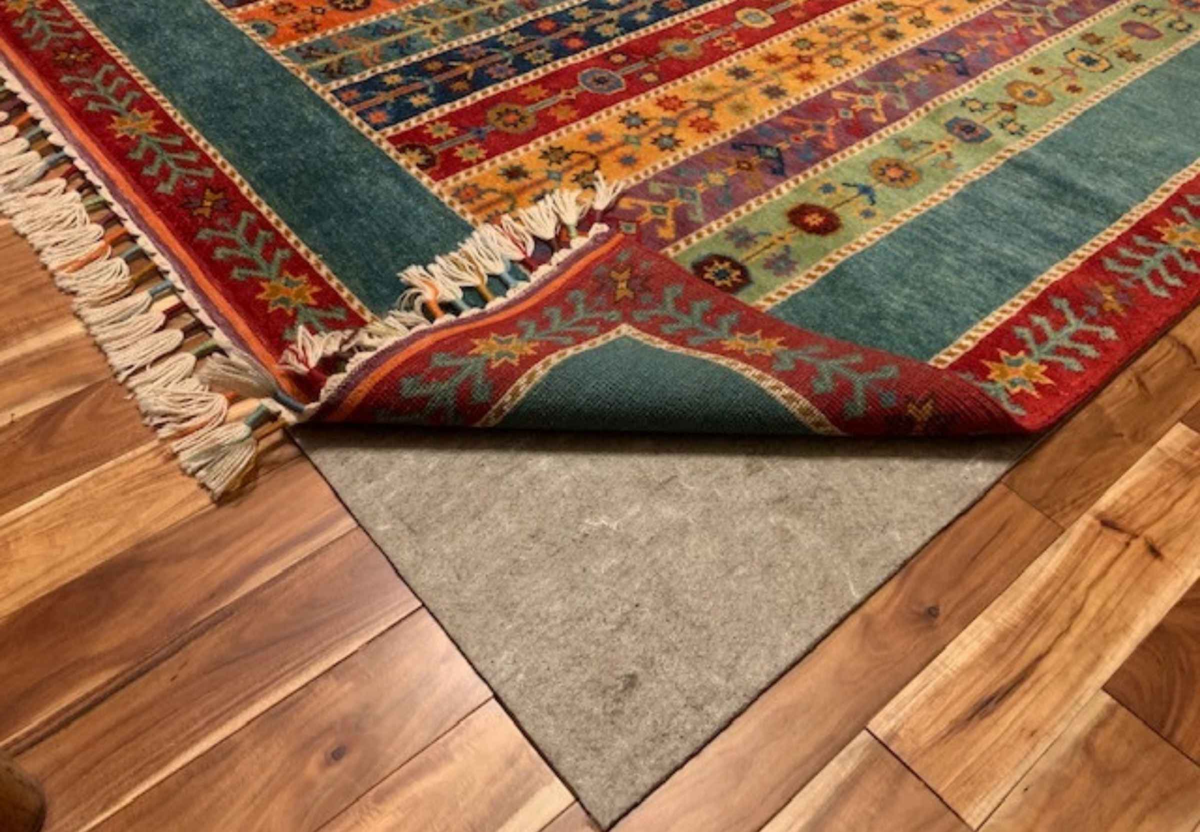 Lifting the corner of an area rug to check for mold under the pad