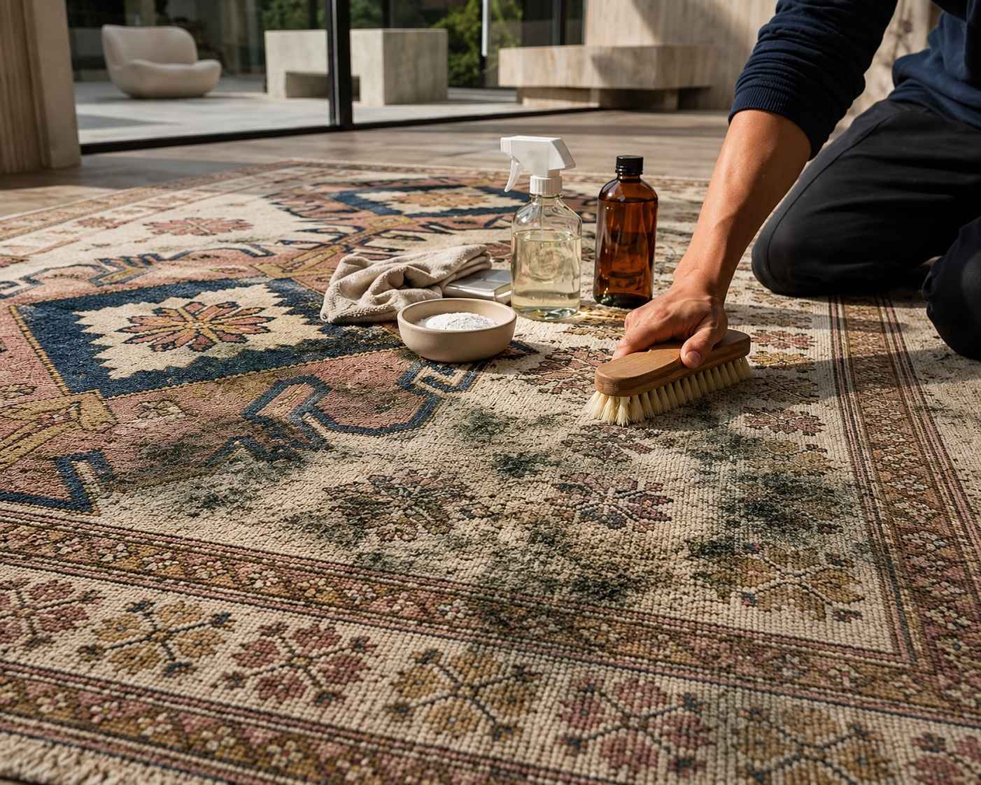 Removing mold from a handmade rug with white vinegar, baking soda, and a soft brush