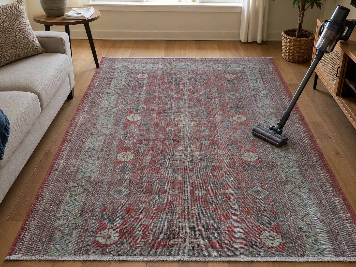 Red vintage floral rug with a sage green border being vacuumed in a bright, tidy living room