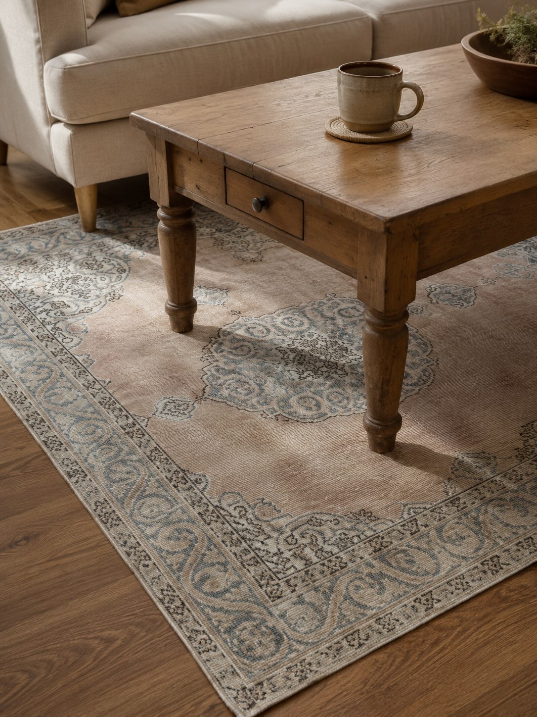 A coffee mug resting on a coaster beside a vintage rug placed under a wooden coffee table