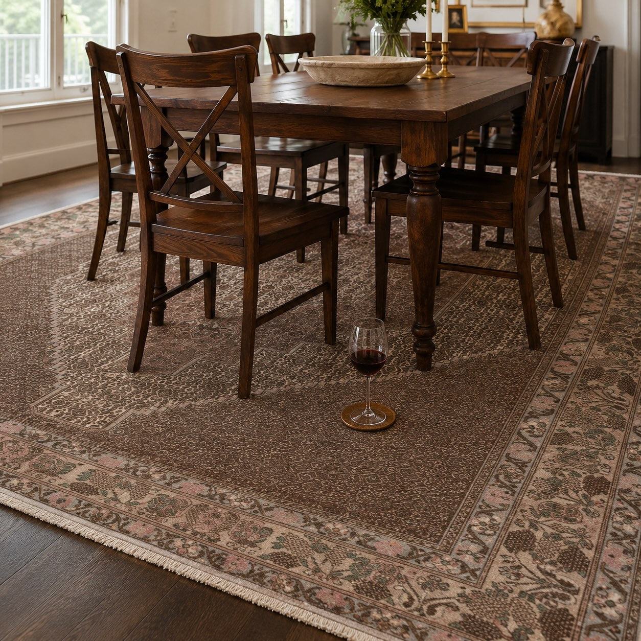 Dark wood dining table and chairs on a patterned vintage area rug, with a glass of red wine resting safely on a coaster
