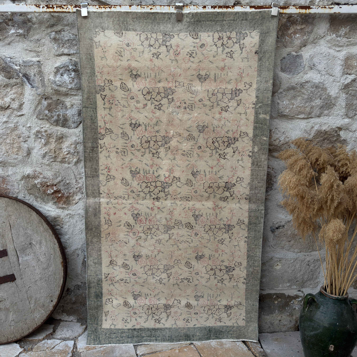 Pale Green 4' x 7' distressed floral rug with floral design, handmade in Turkey – Truett.