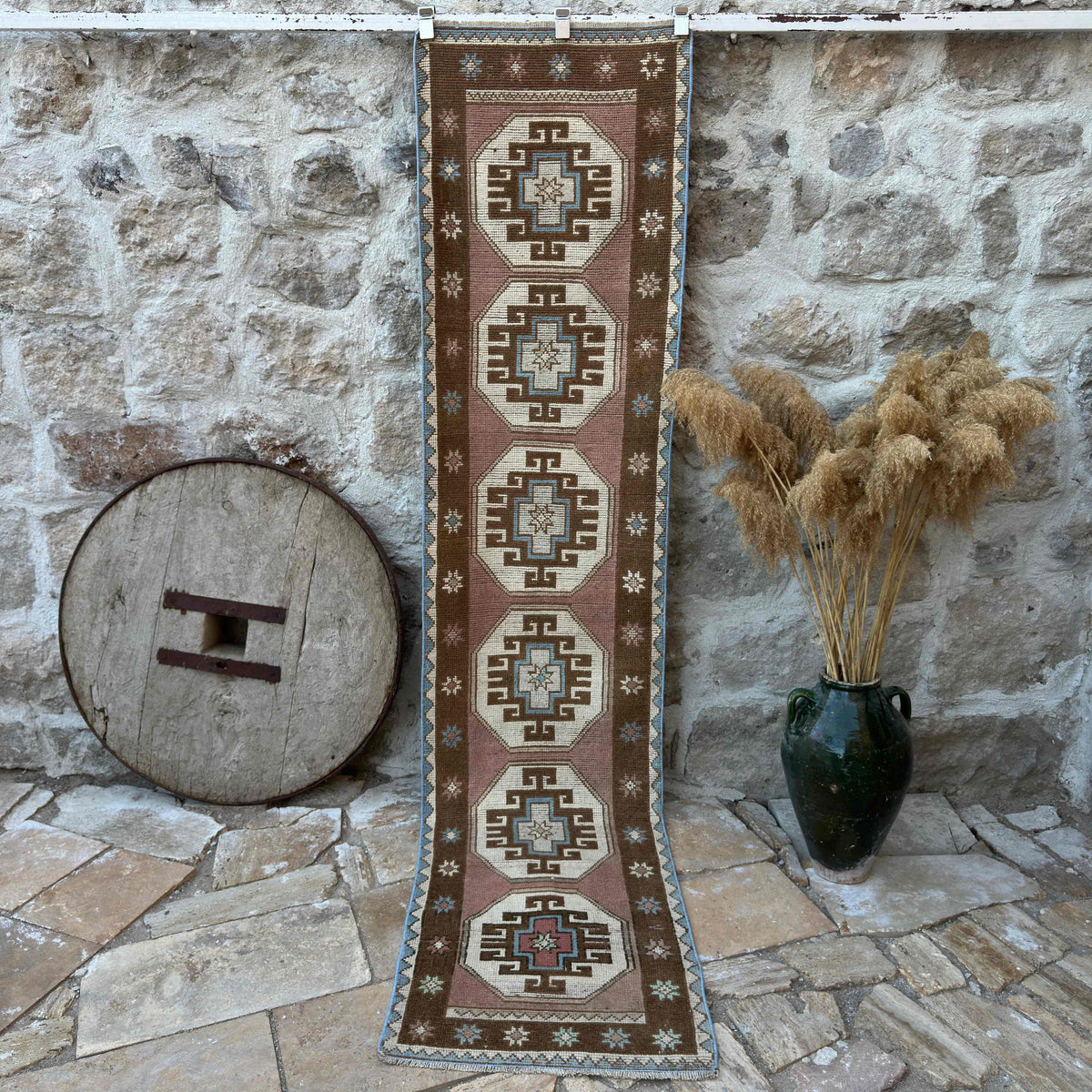 Brown 2' x 9' distressed runner rug with oushak design, handmade in Turkey – Elvin.
