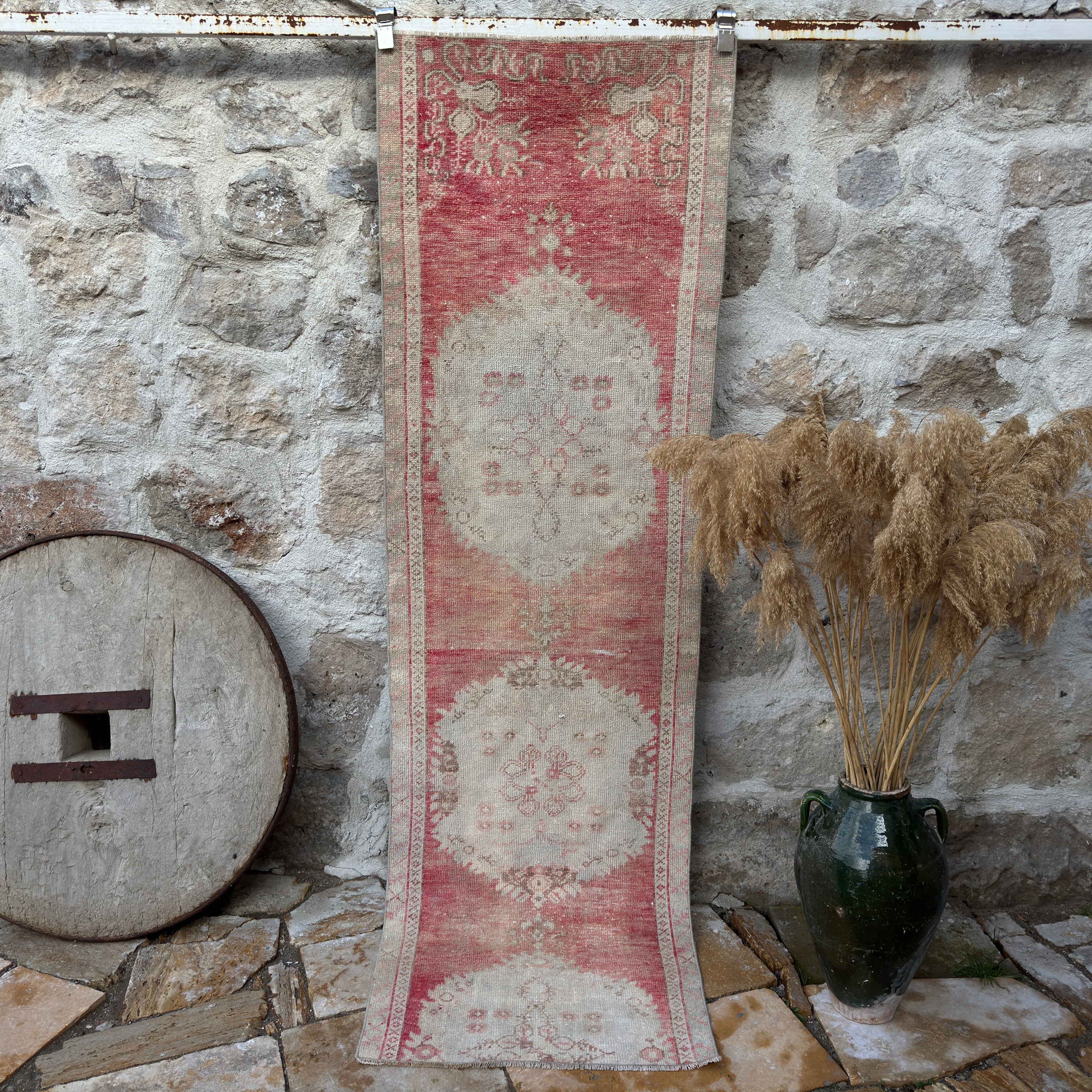 Pale Red 3' x 8' distressed runner rug with traditional design, handmade in Turkey – Avi.
