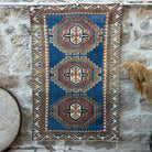 Blue 4' x 6' distressed turkish rug with medallion design, handmade in Turkey – Oakes.