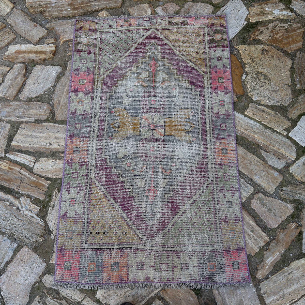 Pale Purple 3' x 4' Turkish distressed vintage rug in wool and cotton, shown on the floor.