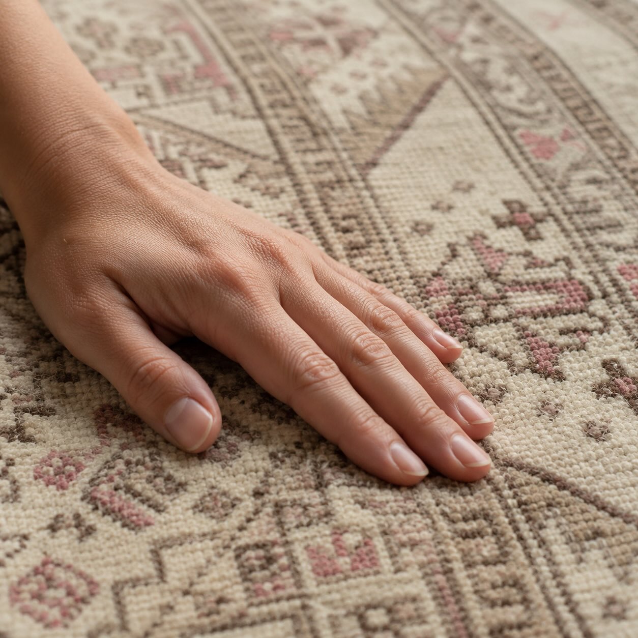 A hand resting on the soft wool pile of a vintage hand-knotted rug, showing the texture and traditional pattern up close