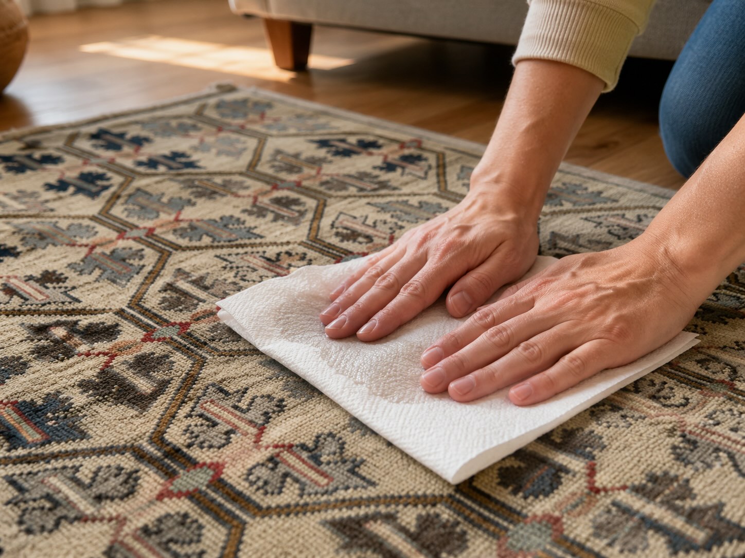 Both hands pressing firmly down on white paper towel to blot pet accident on vintage Turkish wool rug — correct technique, do not rub — Kirmen Rugs