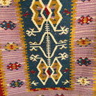 Close-up of the blue Turkish flatweave rug showing traditional details, flatweave construction, wool and cotton and low pile.