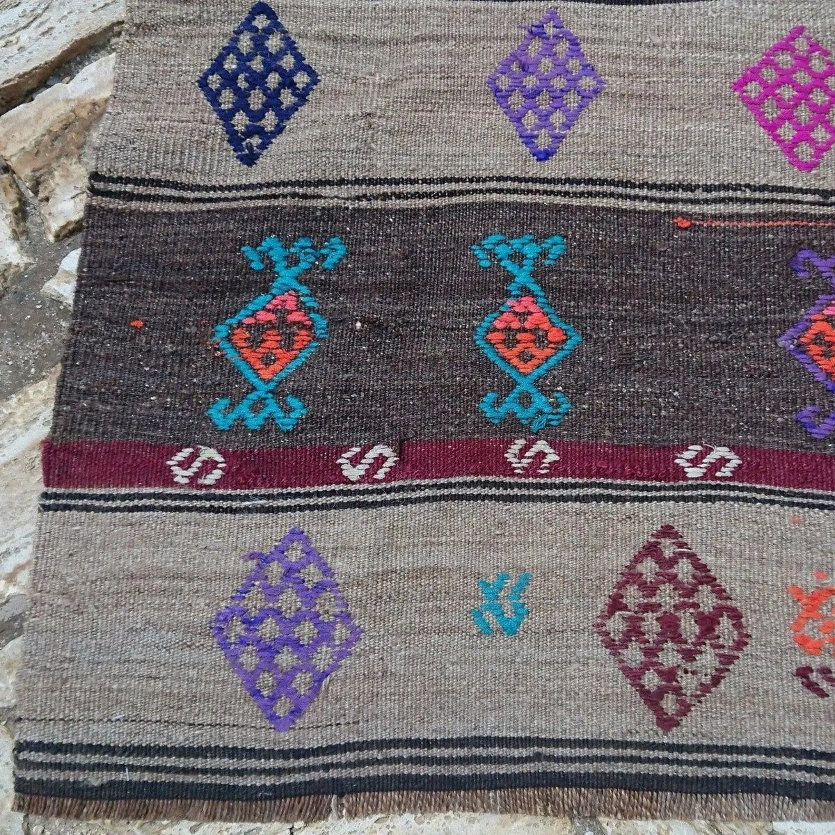 1970s brown Turkish flatweave rug with traditional design, flatweave construction and low pile.