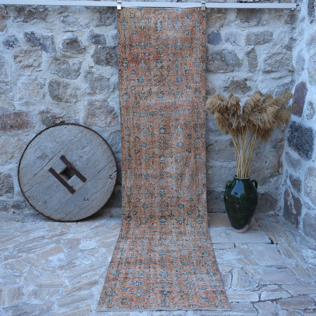 Orange 3' x 11' floral runner rug with floral design, handmade in Turkey – Katti.