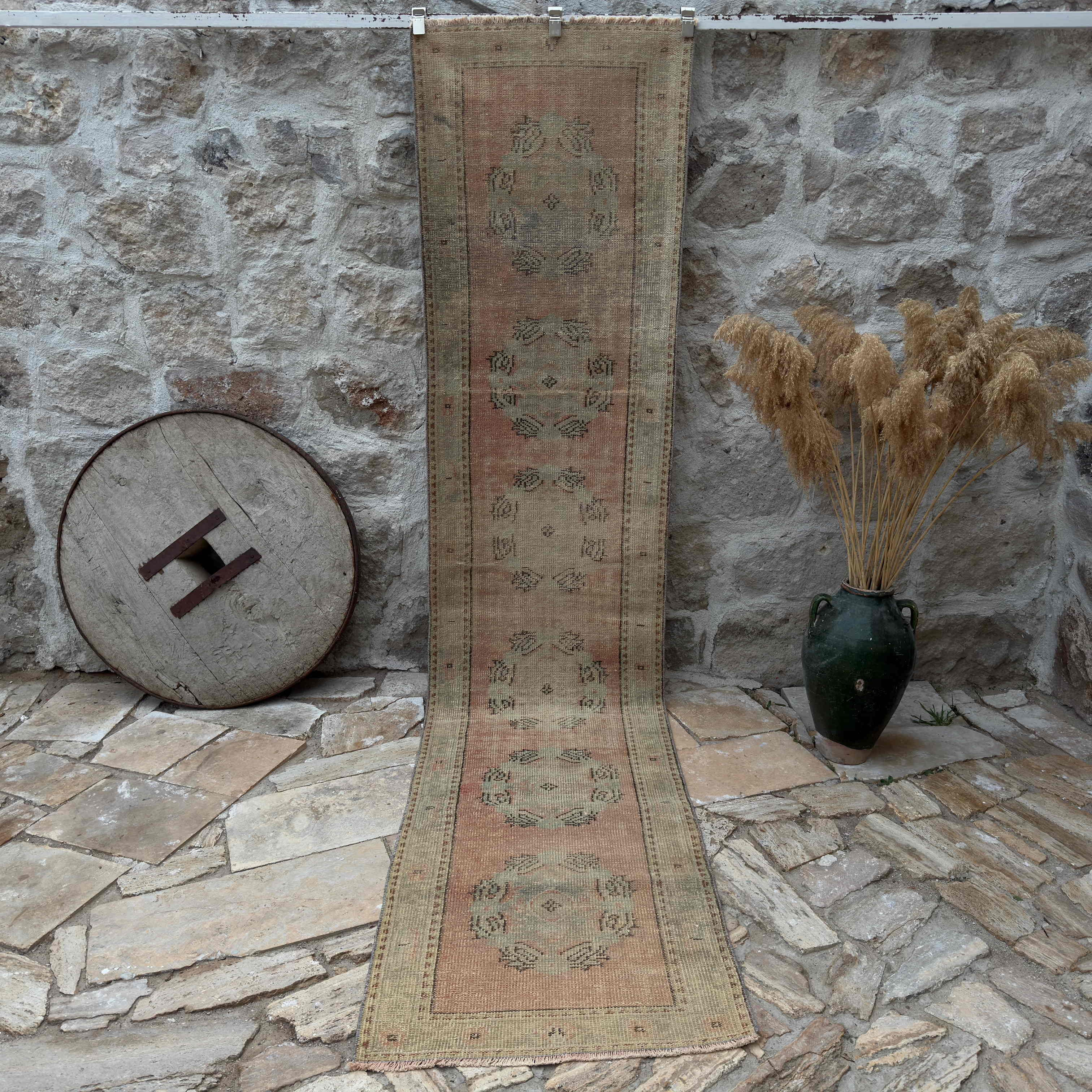 Pale Red 3' x 11' geometric runner rug with medallion design, handmade in Turkey – Lord.