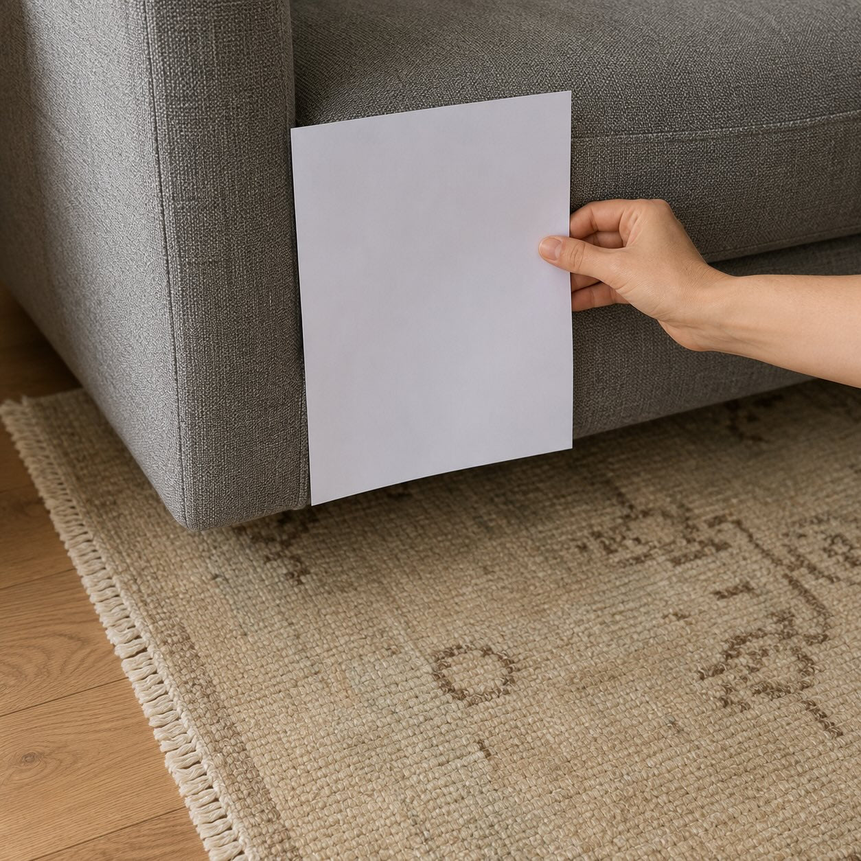 Holding a white sheet of paper against a gray sofa to test whether it has a warm or cool undertone