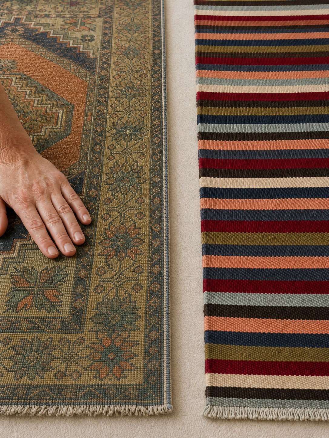 Close-up of a hand pressing down on a dense hand-knotted vintage Turkish rug on the left, compared to a lightweight flatweave striped kilim on the right, both on beige carpet