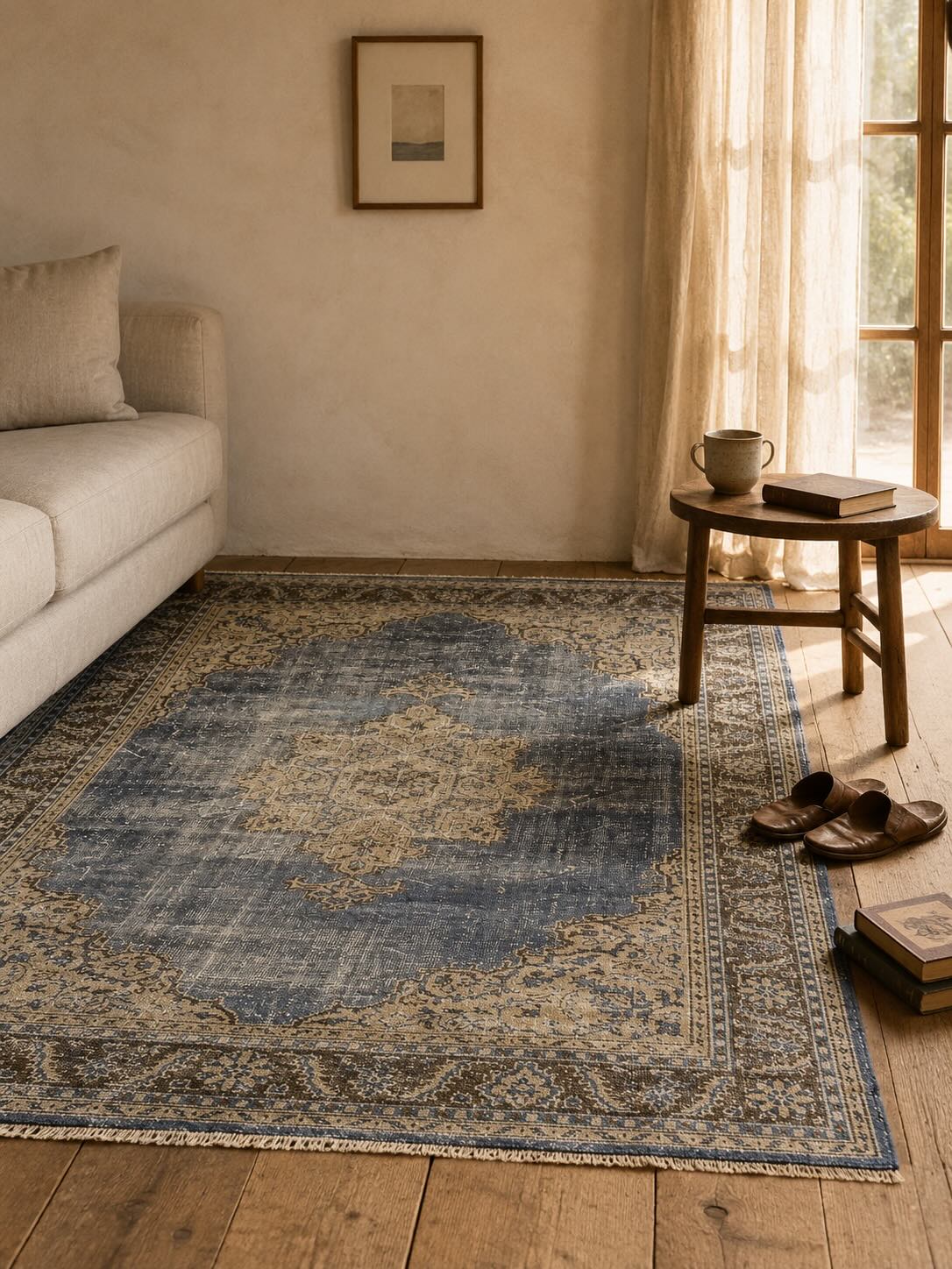 A vintage hand-knotted Turkish rug with blue and beige patterns styled in a warm, sunlit living room with a linen sofa and wooden side table