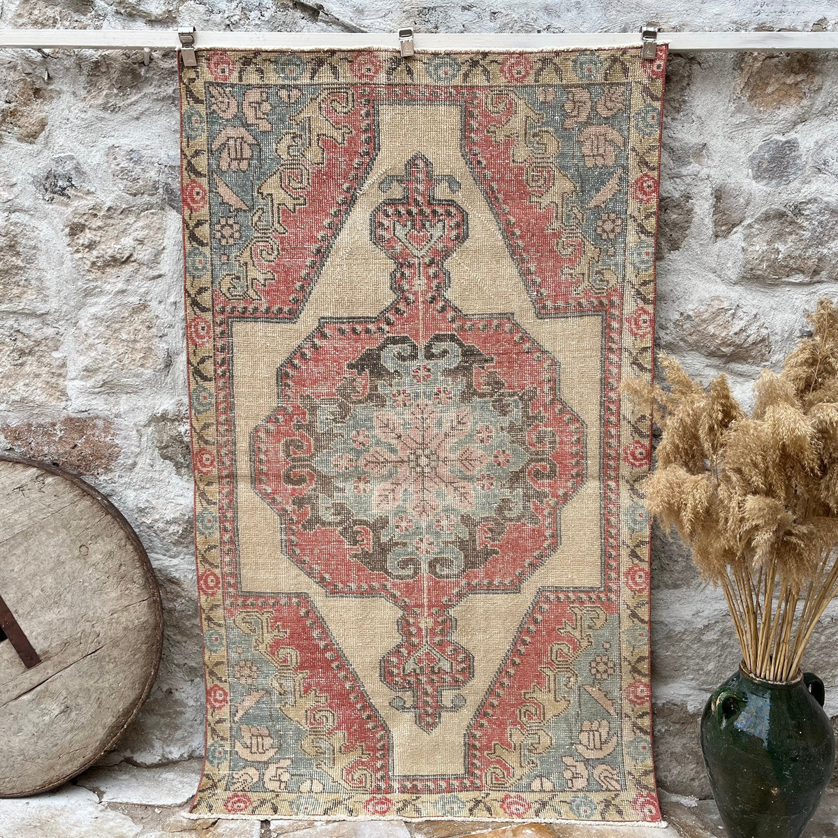 Red 4' x 7' handknotted rug with traditional design, handmade in Turkey – Bowen.