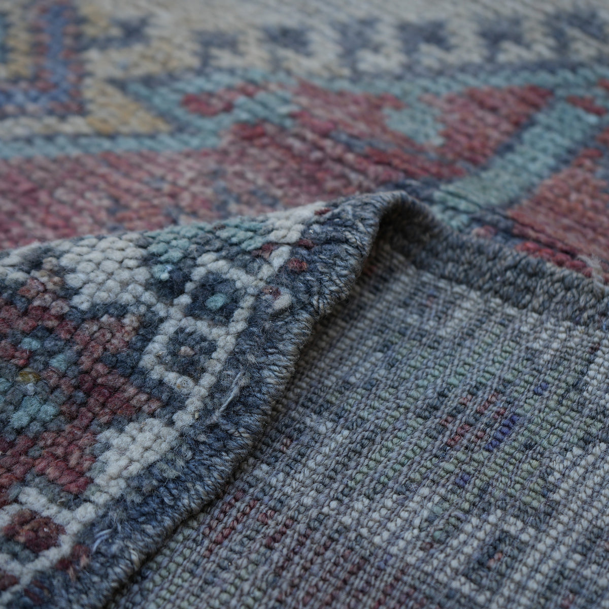 Additional view of the colorful Turkish handmade vintage carpet, hand-knotted in wool.