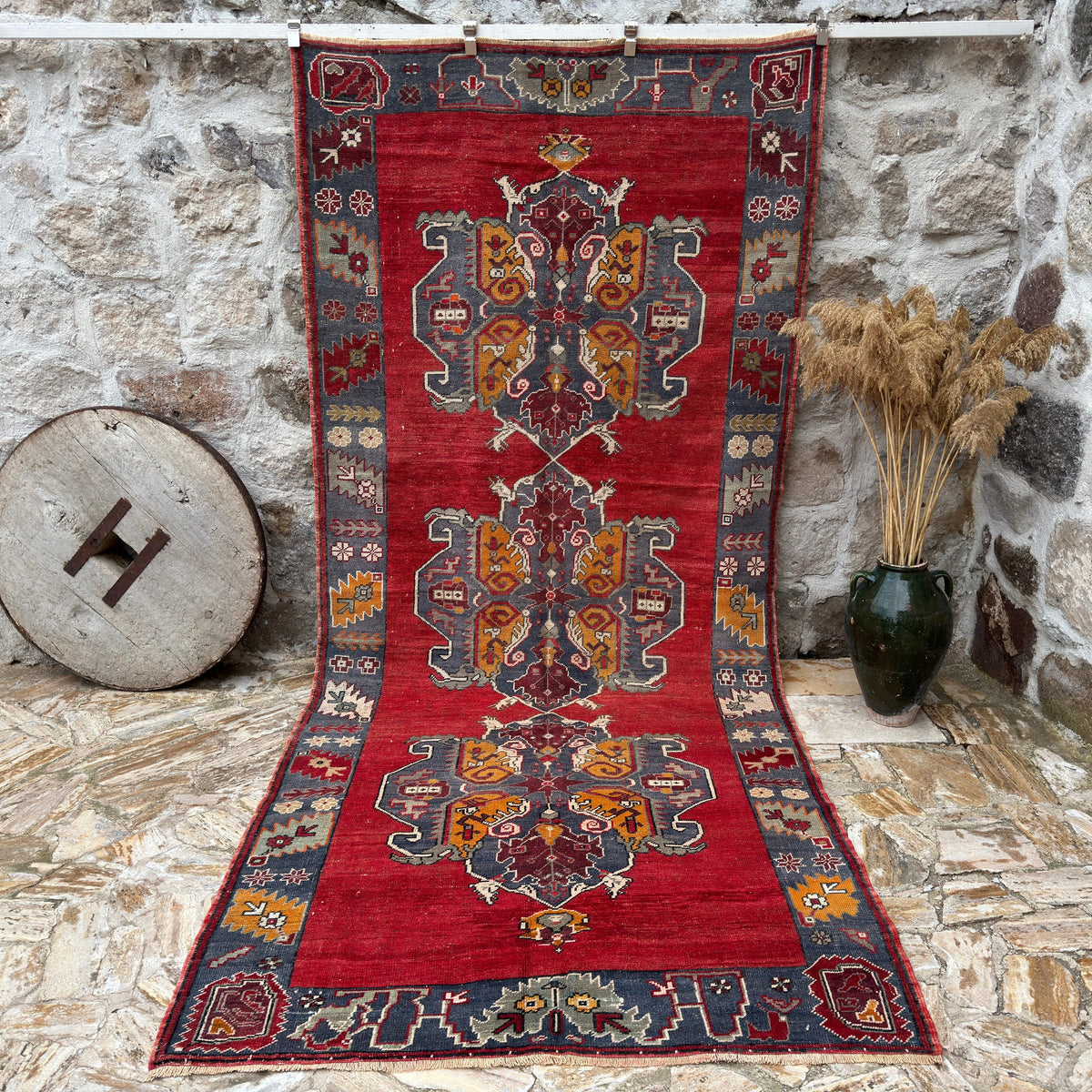 Red 5' x 12' handmade vintage carpet with traditional design, handmade in Turkey – Bette.