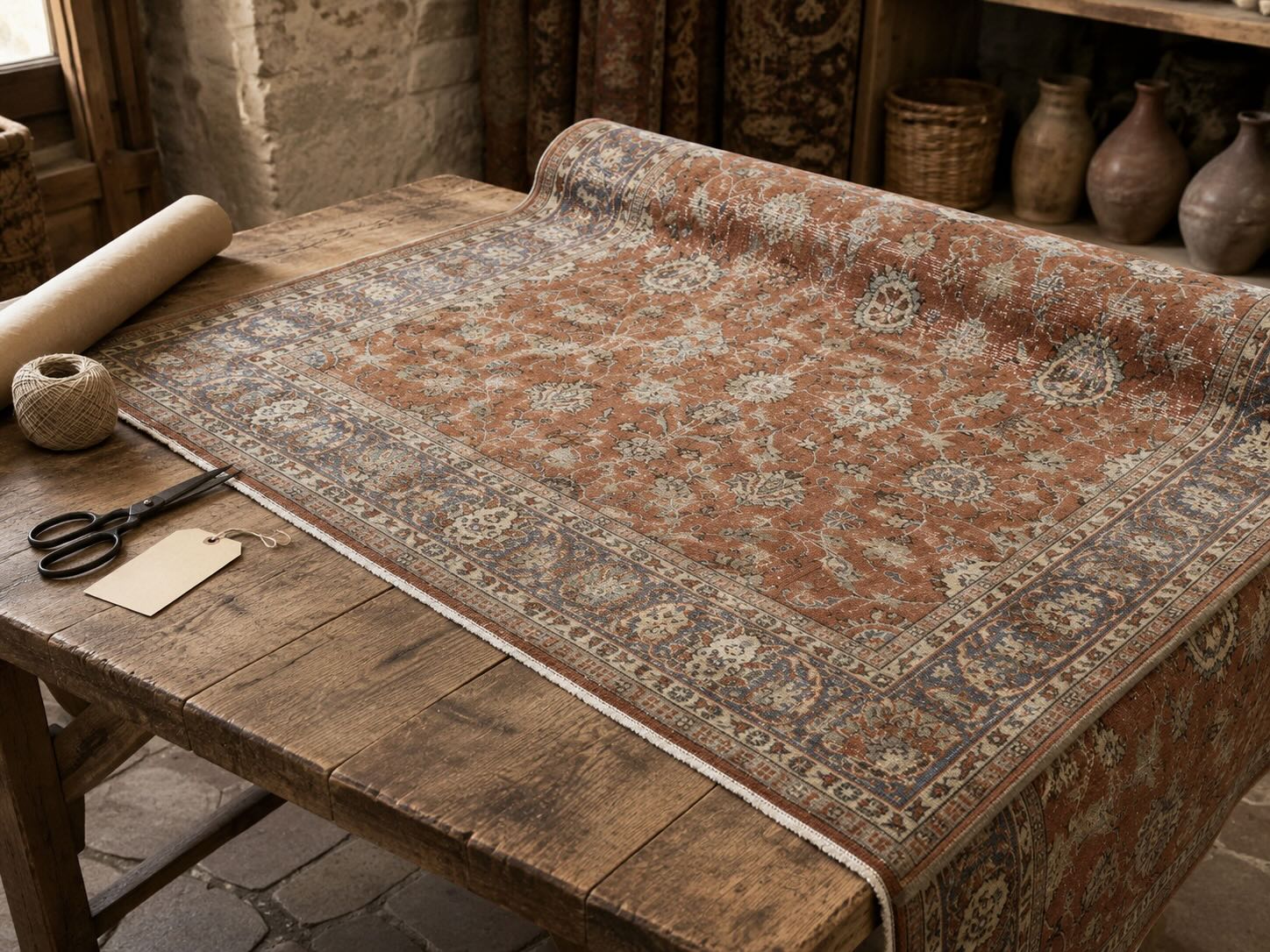 Terracotta red vintage floral rug partially rolled on a wooden workshop table with packing twine and a shipping tag