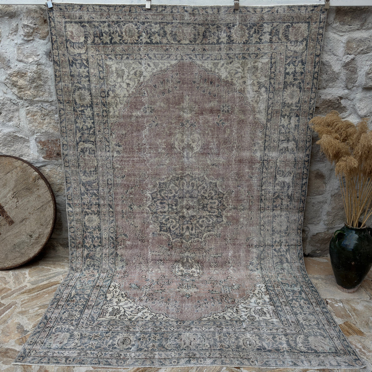 Blue 6' x 10' handmade vintage wool rug with geometric design, handmade in Turkey – Tessy.