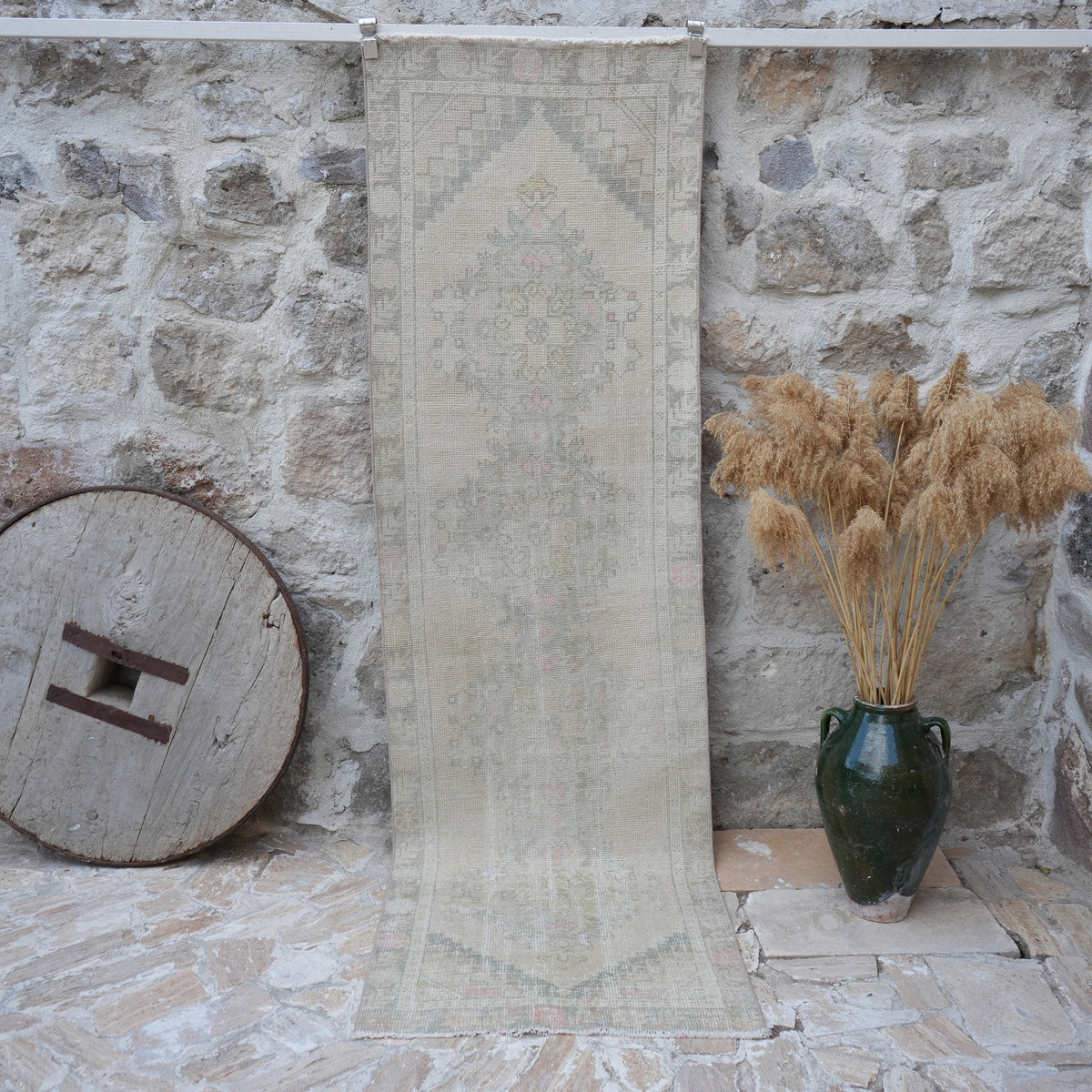 Beige 3' x 9' handwoven runner rug with traditional design, handmade in Turkey – Karly.