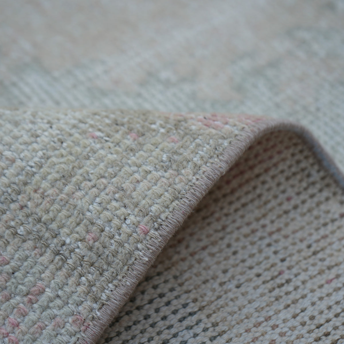 Additional view of the beige Turkish handwoven runner rug, hand-knotted in wool and cotton.