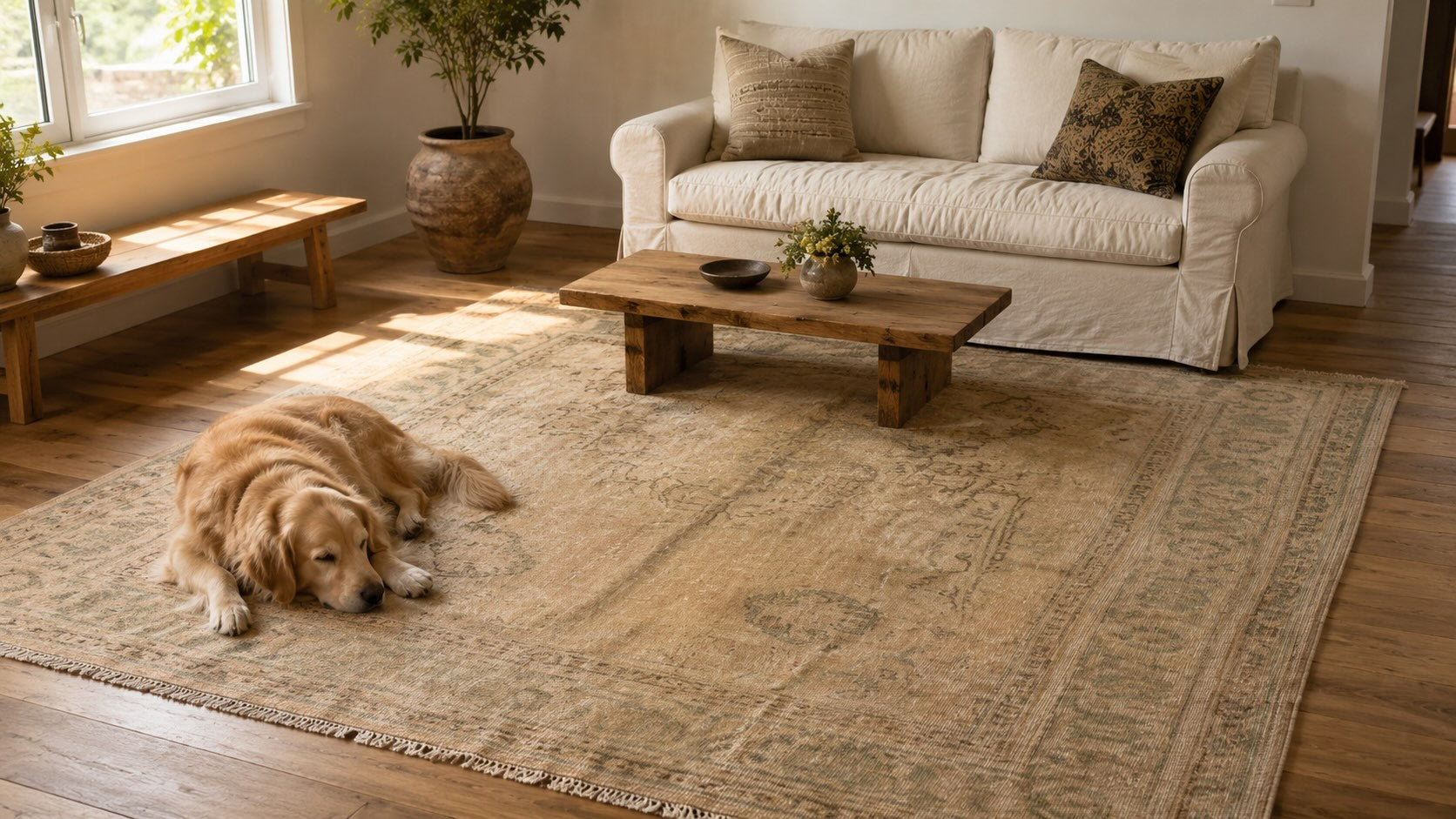 Handwoven vintage Turkish wool rug in a sunlit American living room with a sleeping golden retriever — Kirmen Rugs Cappadocia
