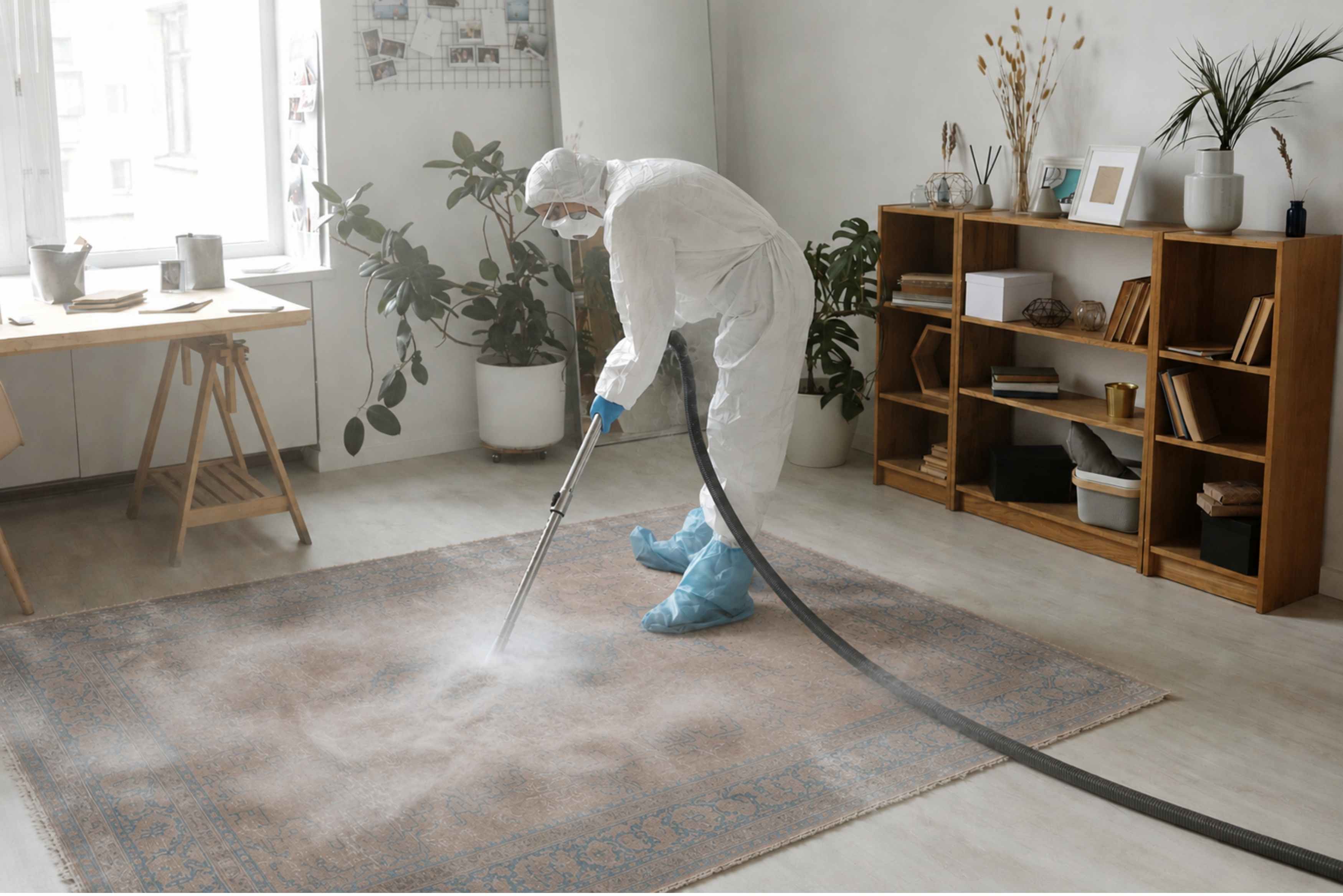 Professional in protective suit deep cleaning mold from a carpet with a vacuum