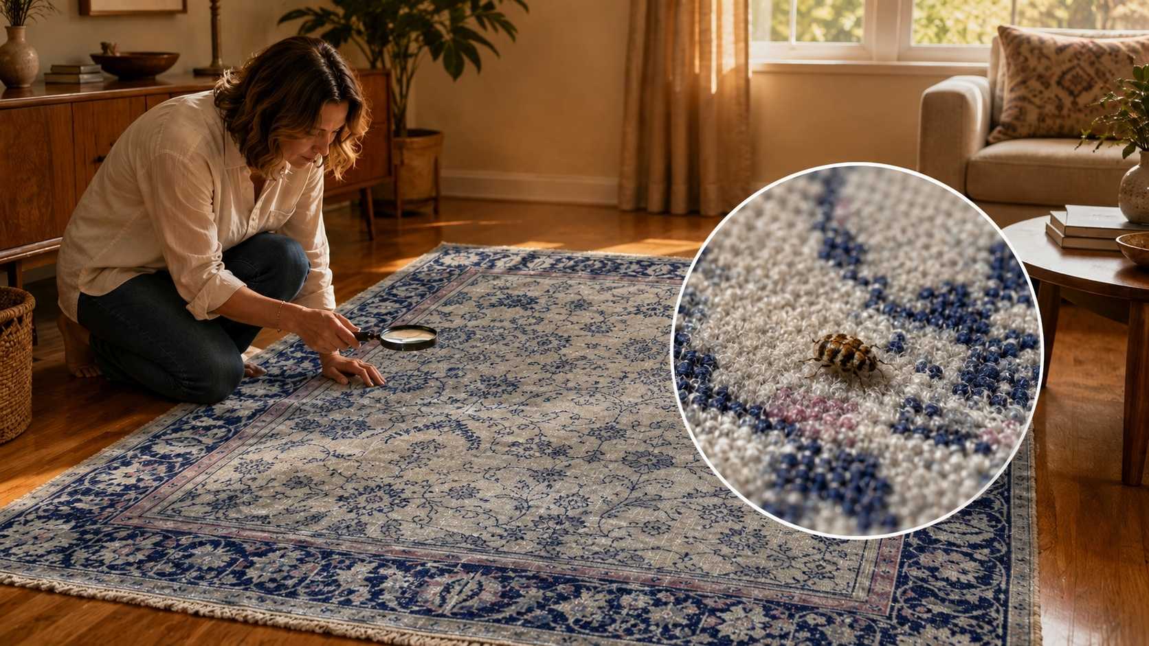 Woman inspecting a vintage Turkish rug for carpet beetles with a magnifying glass — close-up shows beetle on wool pile