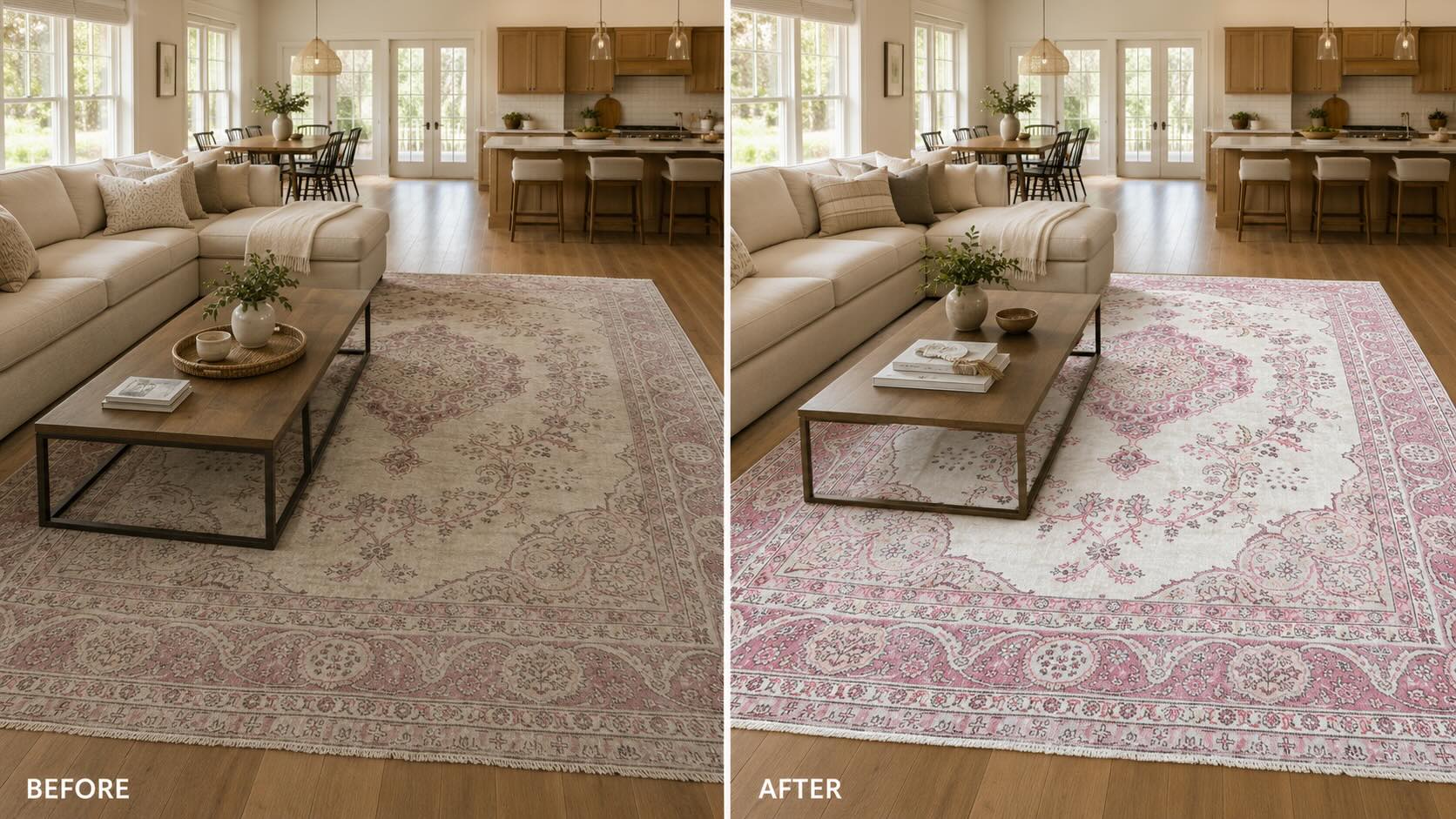 Before and after comparison of a vintage Turkish rug in an American living room — dull and dusty on the left, clean and refreshed on the right