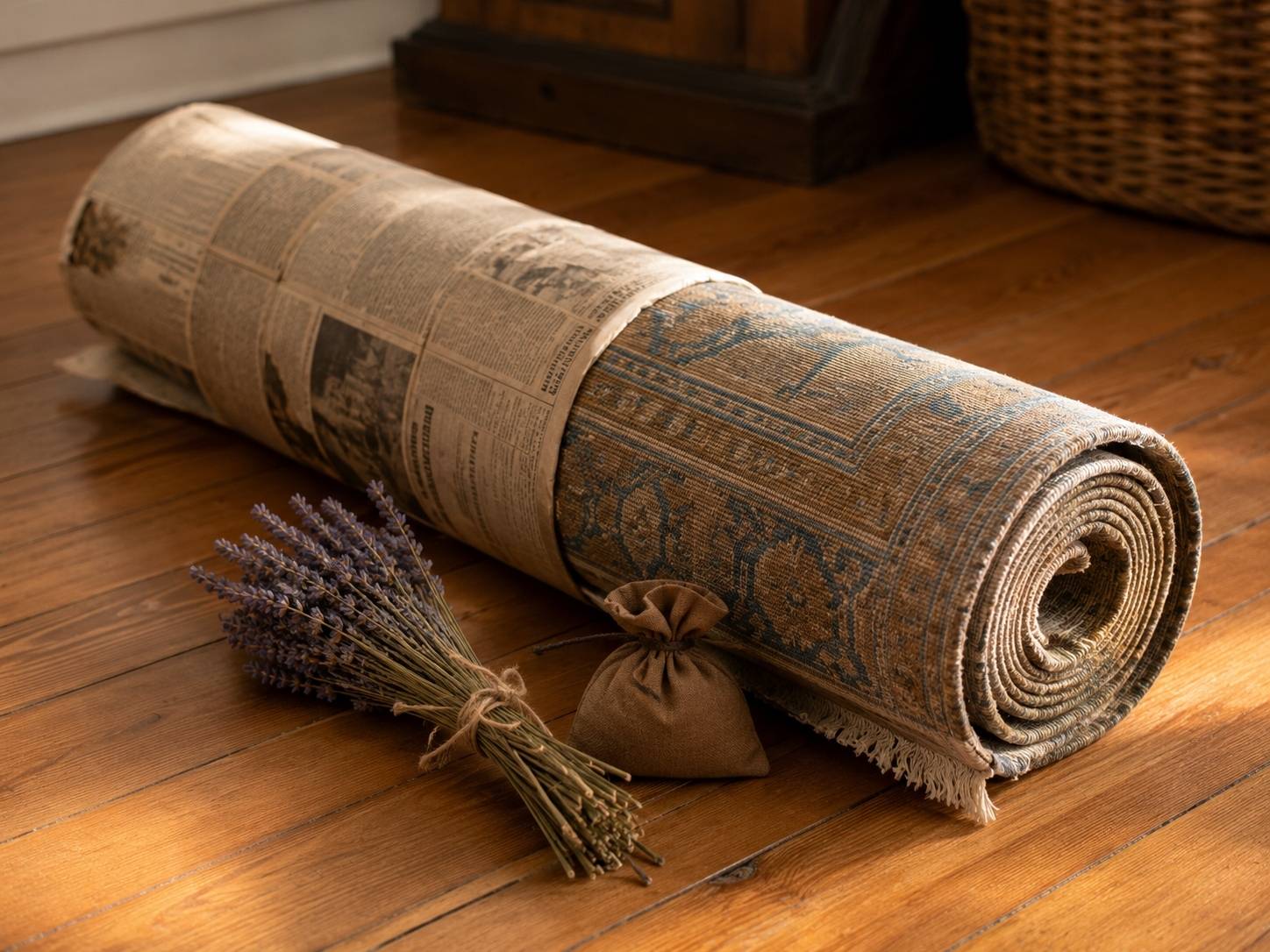 Vintage Turkish rug rolled and wrapped in newspaper for pest-free storage, with dried lavender and a sachet beside it