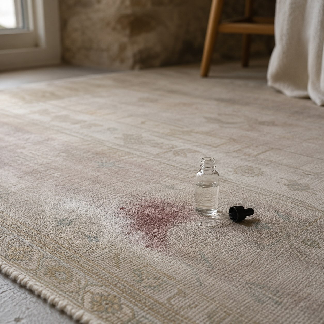 Dropper bottle of clear liquid next to a lightened red wine stain on a cream vintage rug, showing a common bleaching mistake