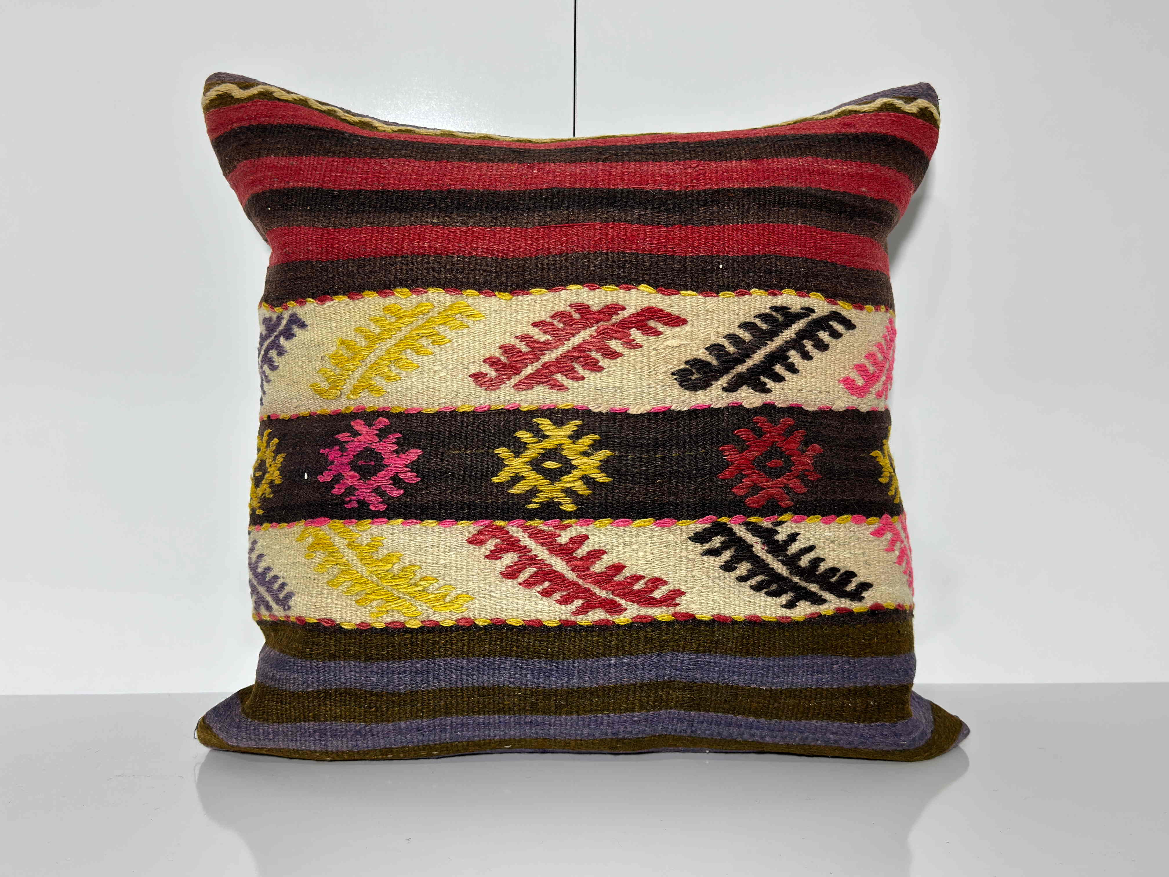 Black 20" x 20" kilim pillow with traditional design, handmade in Turkey – EE00354.