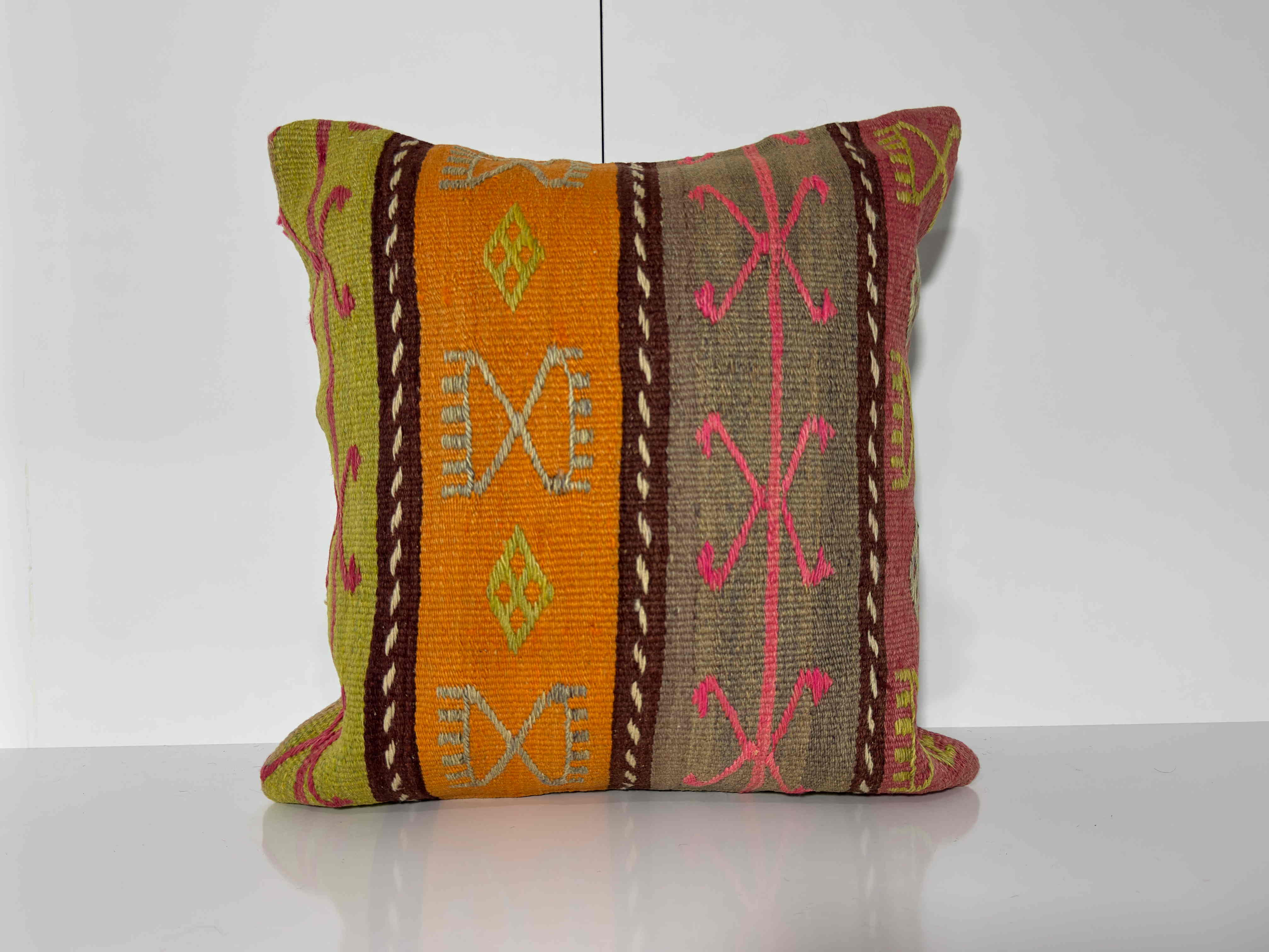 Orange 20" x 20" kilim pillow with traditional design, handmade in Turkey – EE00375.