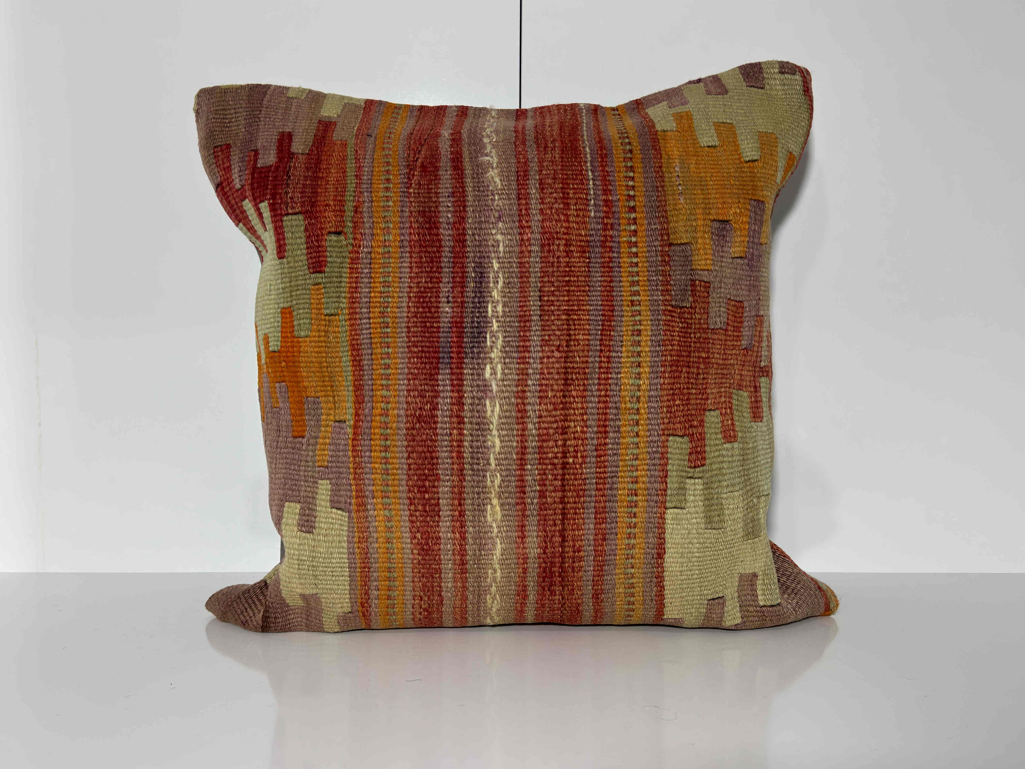Red 20" x 20" kilim pillow with traditional design, handmade in Turkey – EE00358.