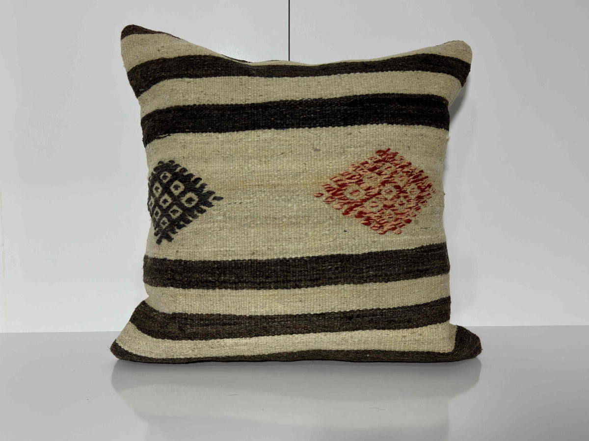 White 20" x 20" kilim pillow with striped design, handmade in Turkey – EE00368.
