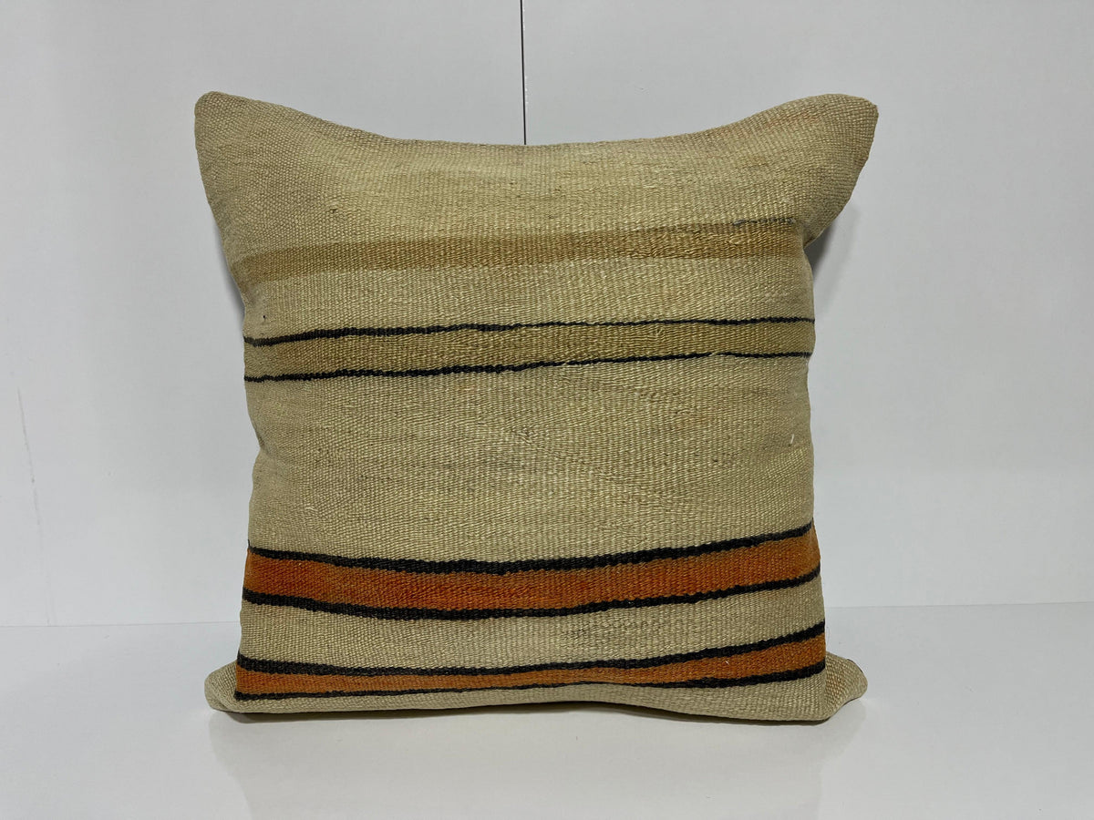 Beige kilim pillow with striped design, handmade in Turkey – EE00096.