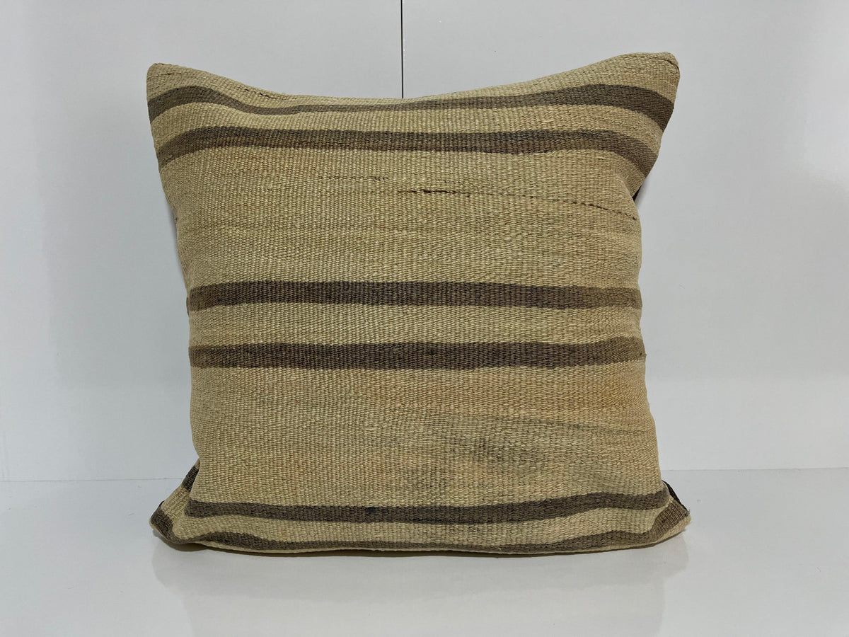 Beige kilim pillow with striped design, handmade in Turkey – EE00146.