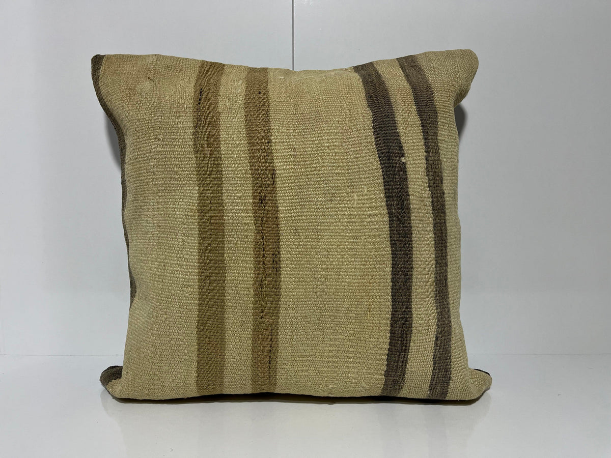 Beige kilim pillow with striped design, handmade in Turkey – EE00239.