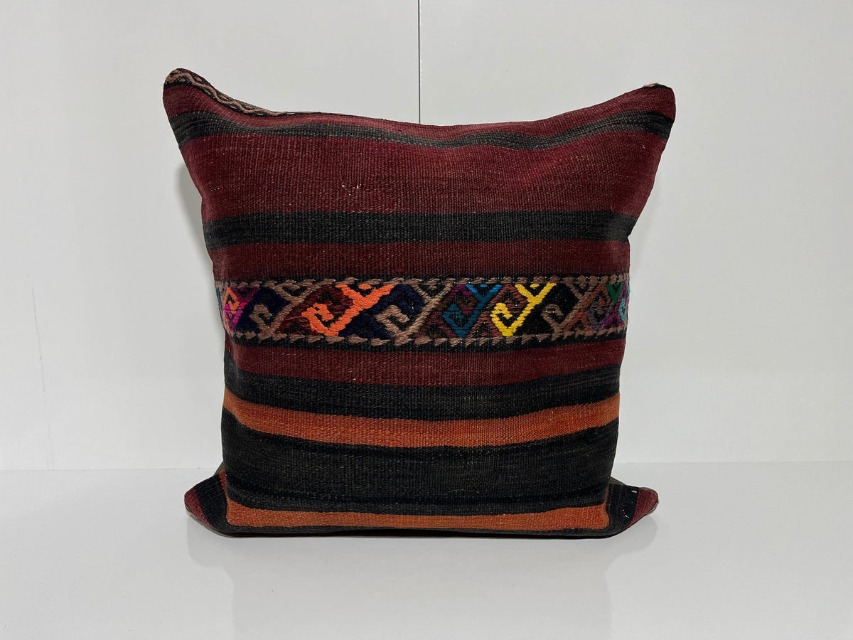 Black kilim pillow with striped design, handmade in Turkey – EE00086.
